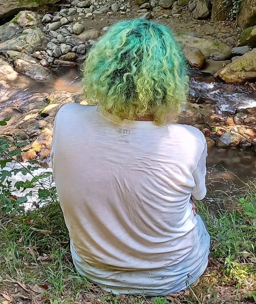 mehrad from behind, green curly hair, sitting on the grass by a mountain stream